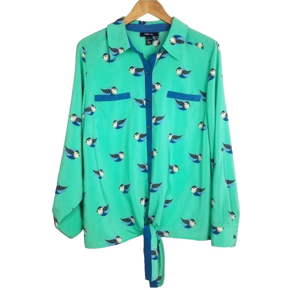 Style & Co. | Button Down Bird Print Blouse Green